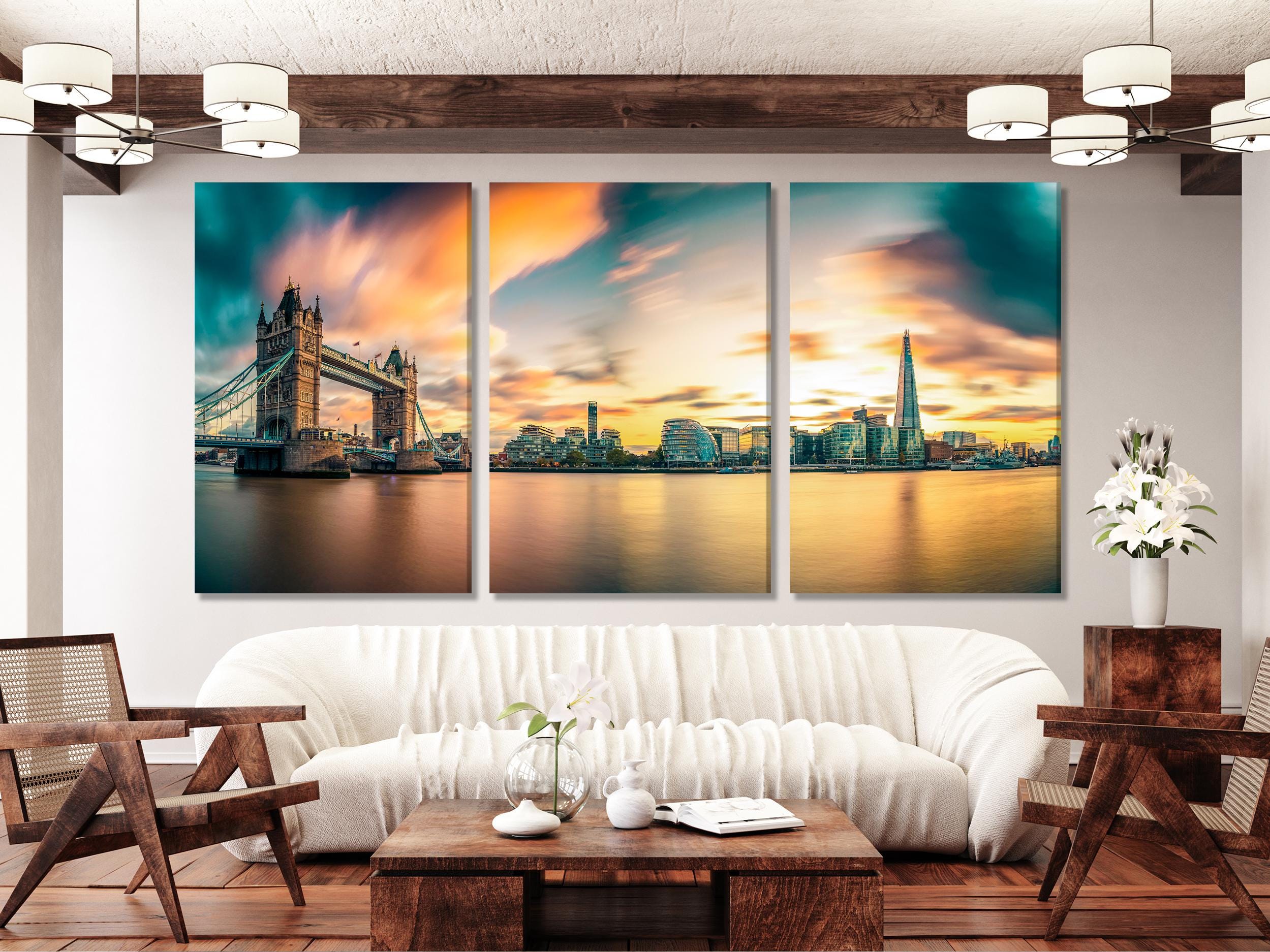 London Skyline Canvas Print, Tower Bridge and The Shard Wall Art, Large London Cityscape, Sunset over Thames River, Iconic British Art Print
