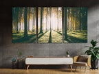 Inviting woodland scene painting showcasing lush greenery and radiant sunbeams, presented as an elegant wall art piece for a soothing natural-inspired artwork display.