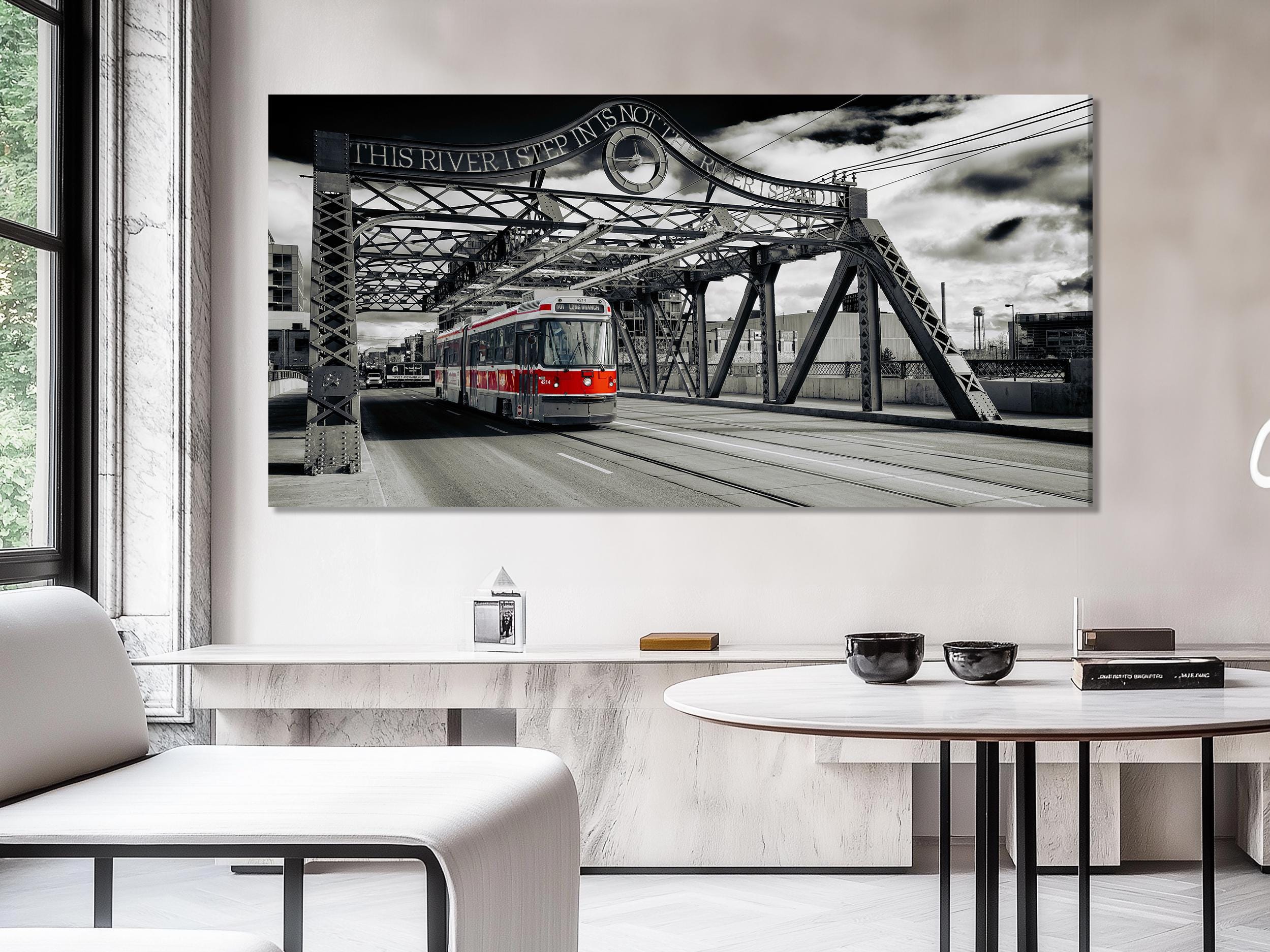Toronto Canvas Art Extra Large Toronto Art at Queen Street Bridge Toronto Art Print Iconic Canadian Decor Red Toronto Streetcar Print
