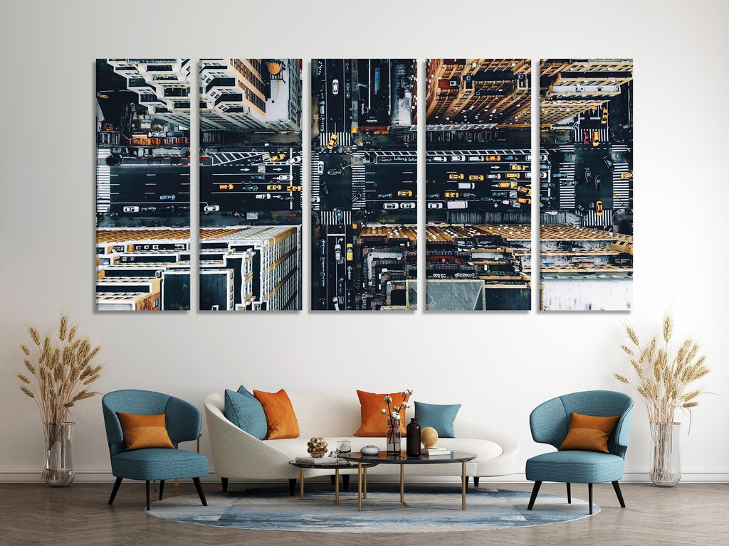Aerial View of New York City Streets Wall Art - Vibrant Urban Cityscape Canvas Print for Modern Home or Office Decor