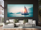 Sailboat at Sunset Canvas Print – XXL Nautical Wall Art, Scenic Seascape with Mountain Backdrop, Coastal Decor for Living Room