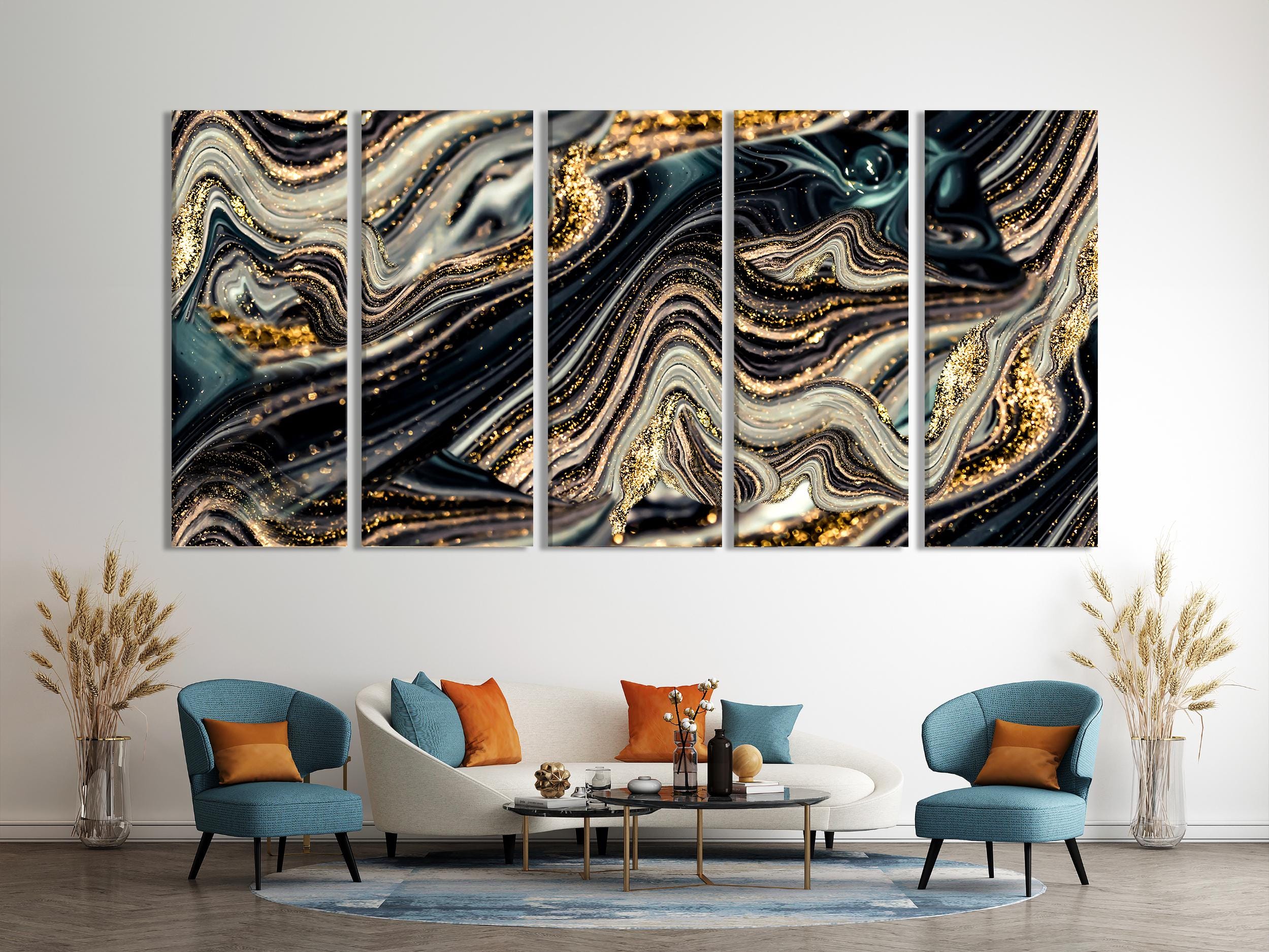 Abstract Marble Wall Art - Extra Large Golden Swirl Abstract Art, Luxury Artwork for Living Room or Office Wall Decor, Above Couch Decor