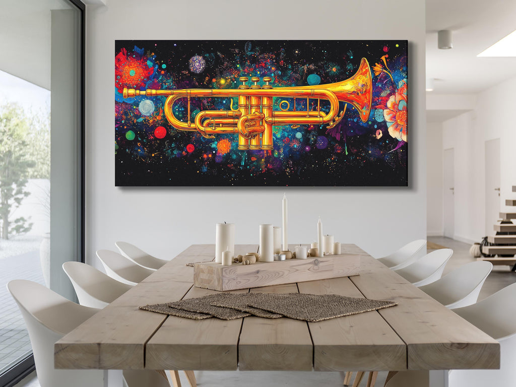 Art mural Trompette - Impression sur toile colorée de jazz, œuvre d'art abstraite d'instrument de musique, cadeau pour musicien, décor de studio, art mural moderne pour salon
