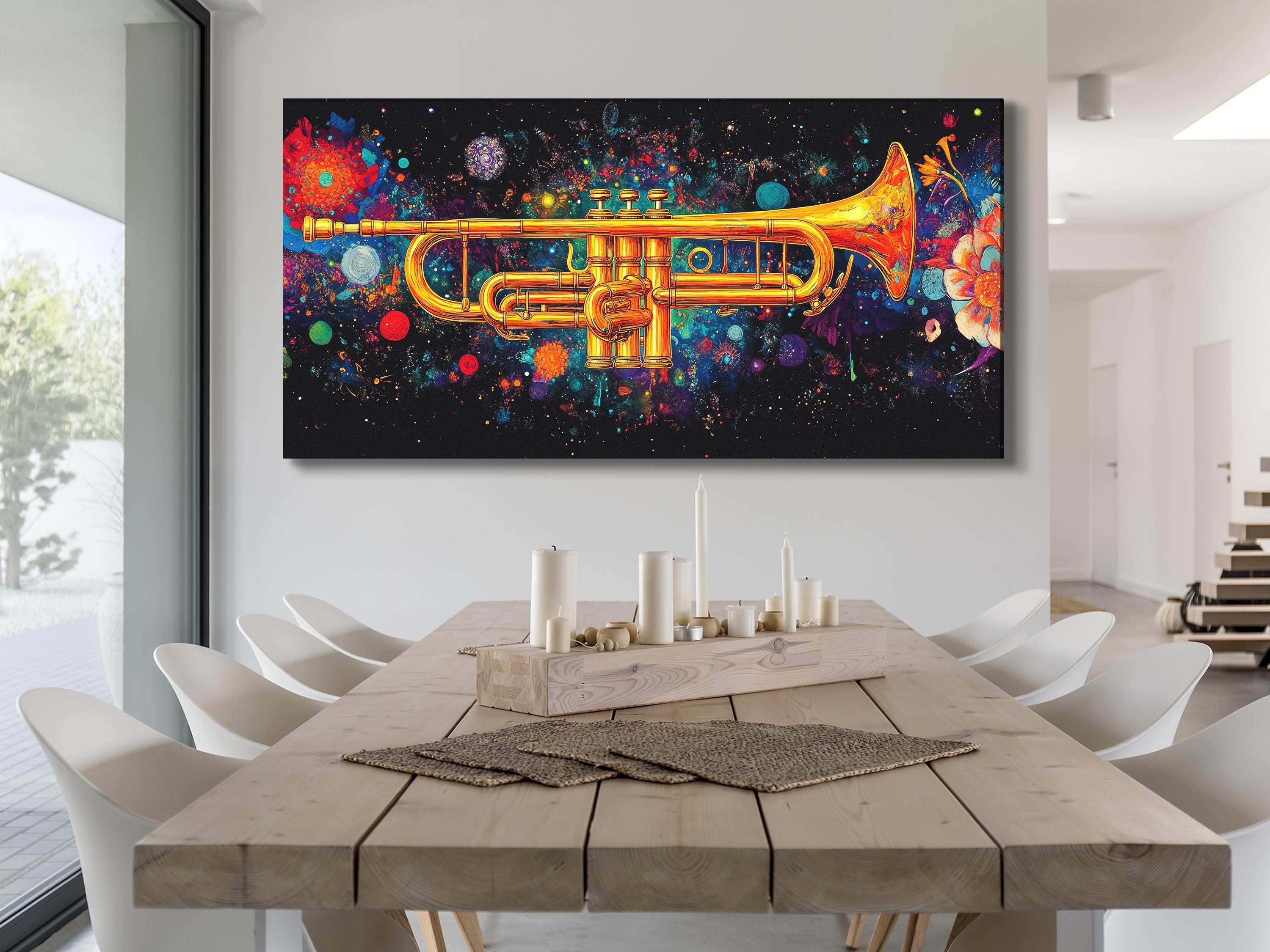 Art mural Trompette - Impression sur toile colorée de jazz, œuvre d'art abstraite d'instrument de musique, cadeau pour musicien, décor de studio, art mural moderne pour salon