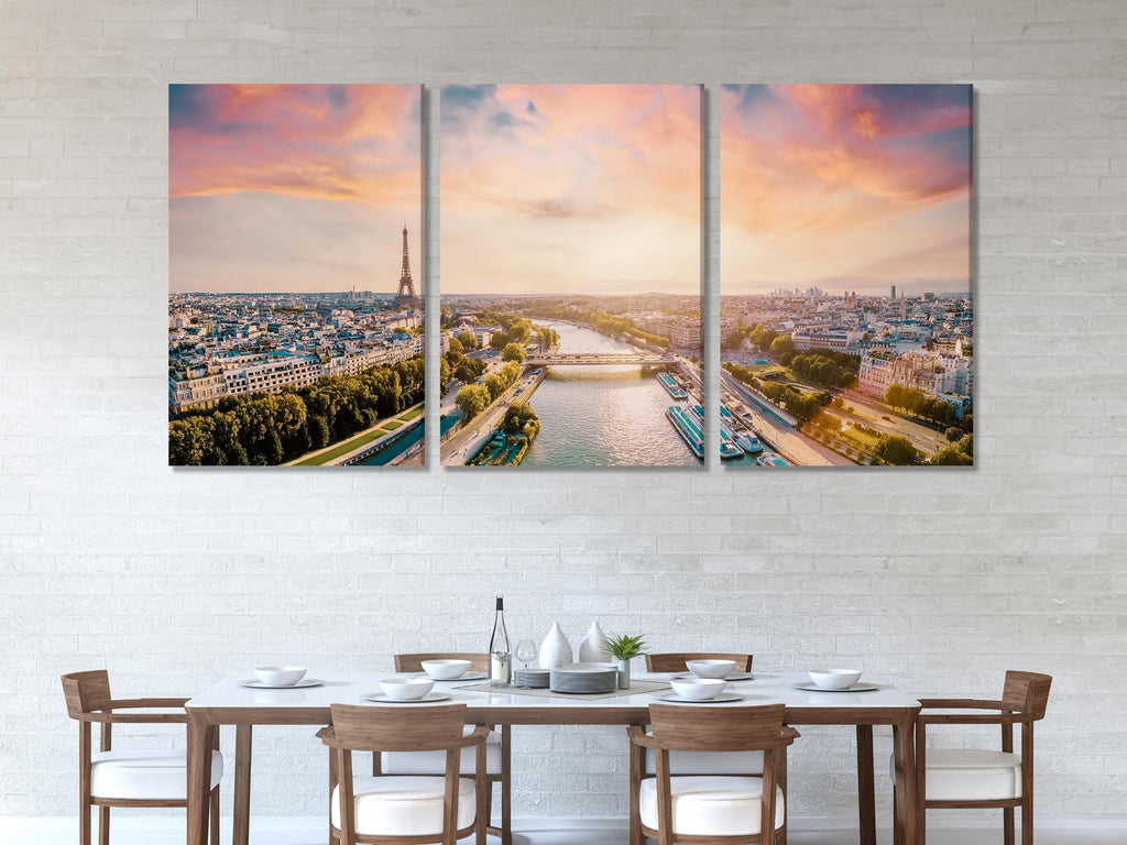 Paris Aerial Canvas Print, Large Eiffel Tower Wall Art, Oversized River Seine Summer Panorama, Romantic French Wall Decor, Soft Pink Artwork