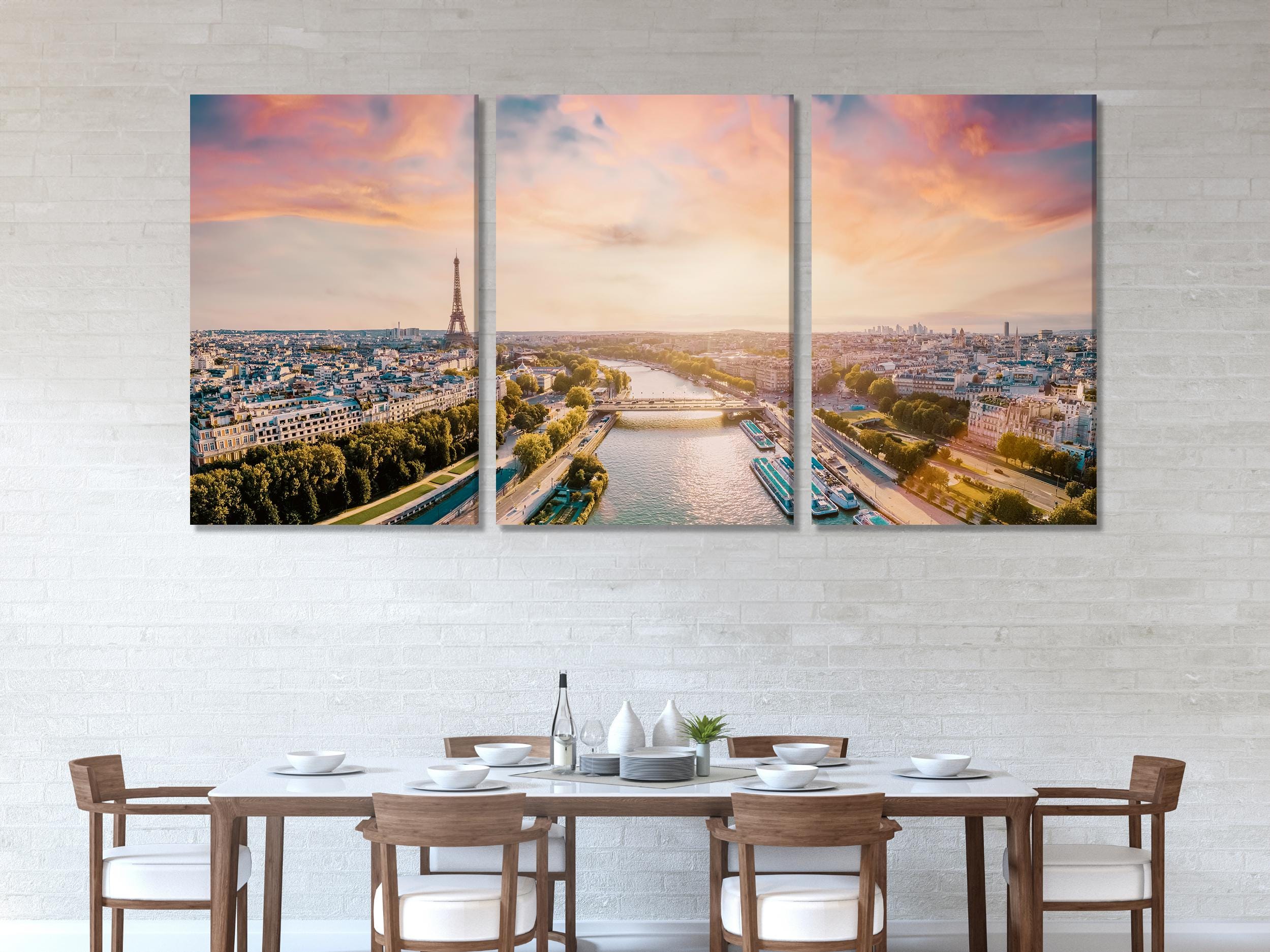 Paris Aerial Canvas Print, Large Eiffel Tower Wall Art, Oversized River Seine Summer Panorama, Romantic French Wall Decor, Soft Pink Artwork