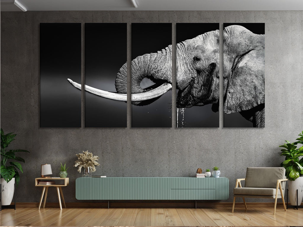 Bold elephant canvas print showcasing black-and-white contrast and intricate skin details, offering a sophisticated focal point for modern interiors.