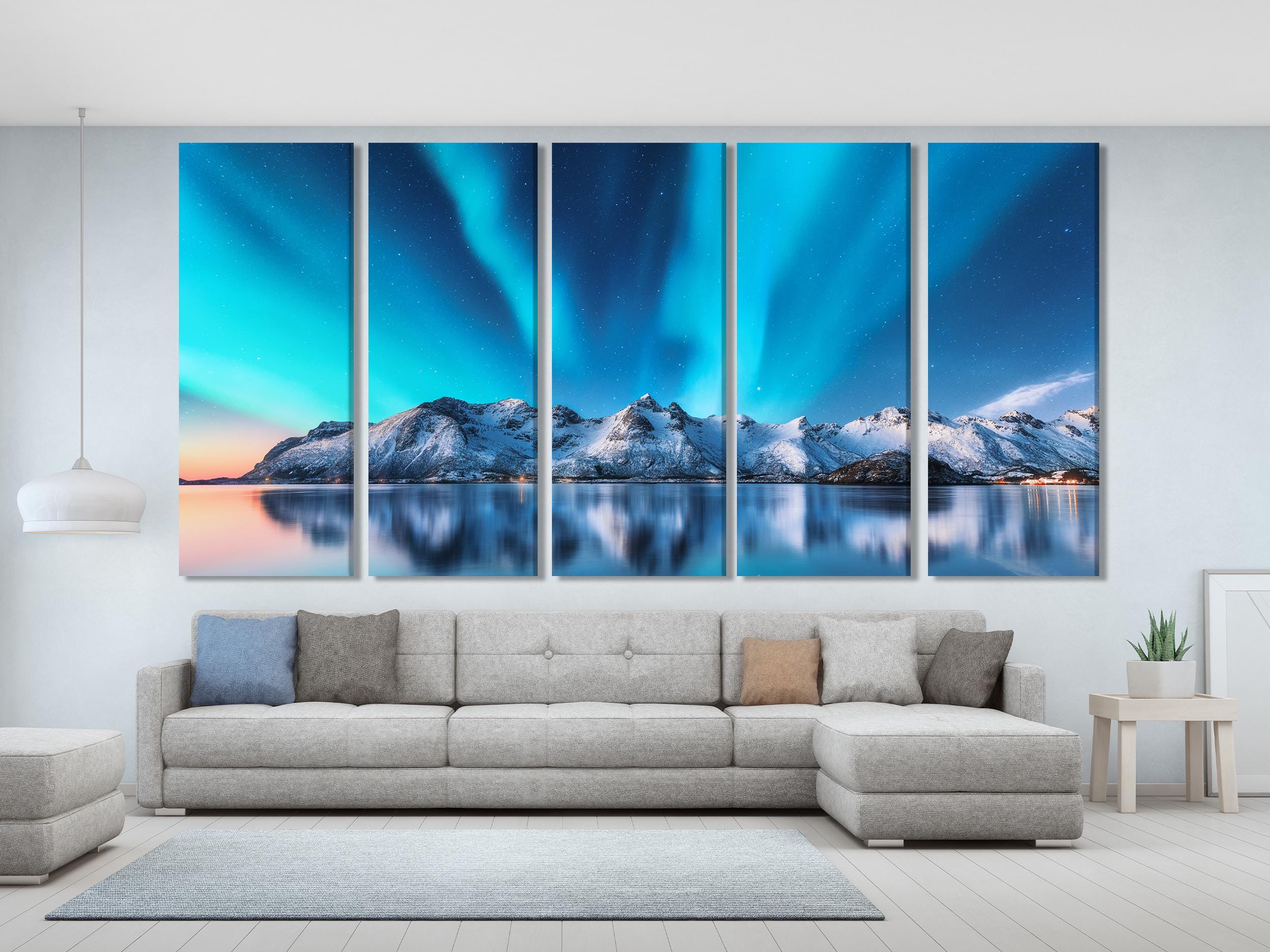 Northern Lights Wall Art - Arctic Mountains Art Print - Extra Large Aurora Borealis Artwork for Modern Living Room or Office Wall Decor