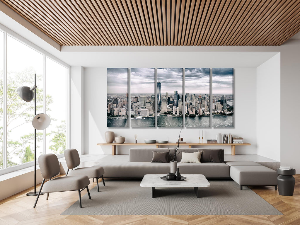 Expansive urban skyline painting showcasing steel-and-glass facades, offering a captivating cityscape as a sophisticated wall art centerpiece.