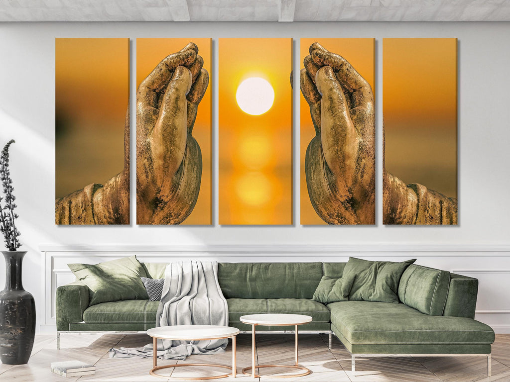 Buddha Hand Wall Art – Zen Sunset Canvas Print, Warm Tone Spa Wall Art, Large Meditative Wall Decor for Yoga Studio or Zen-Inspired Spaces