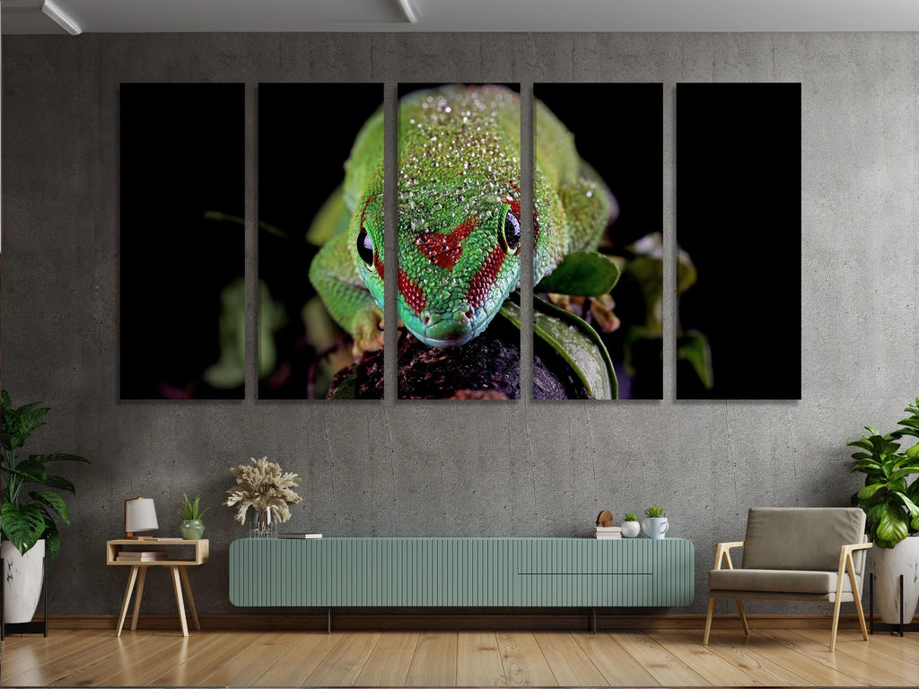 Großer Gecko-Nahaufnahme-Leinwanddruck, Madagascariensis Gecko-Wandkunst, übergroßes exotisches Wildtier-Kunstwerk für moderne Naturdekoration für Tierhandlungen