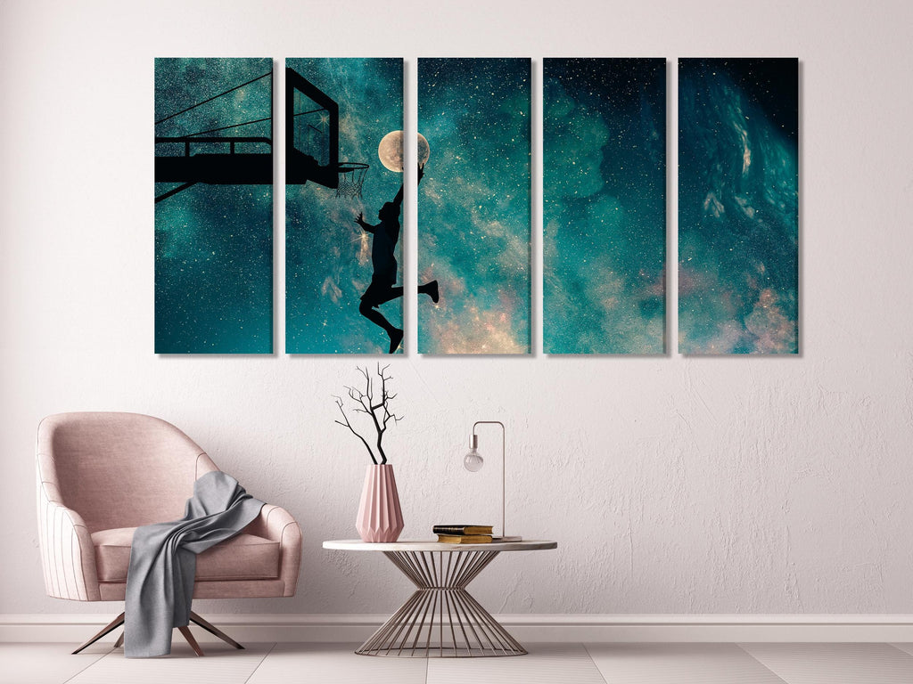 Art mural Dunk de basket-ball avec lune, Impression murale sportive surréaliste, Décoration du ciel étoilé, Œuvre sportive inspirante, Cadeau de basket-ball