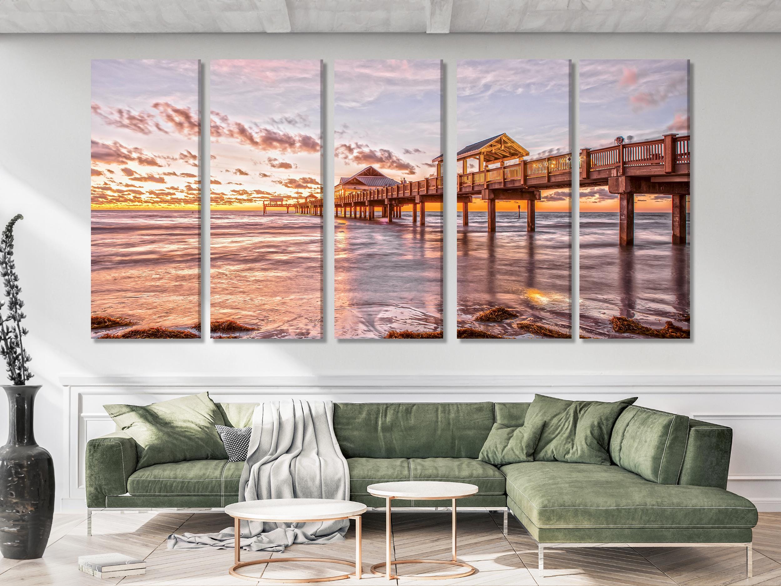 Grote canvasprint van Clearwater Beach Pier, wandkunst met zonsondergang in Florida, extra groot kunstwerk van zeegezicht, canvasprint van Ocean Pier voor kusthuisdecoratie