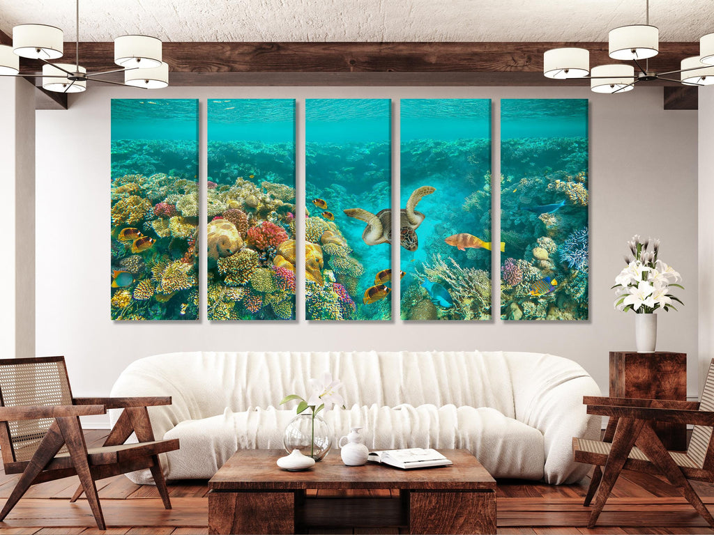 لوحة قماشية مطبوعة لشعاب مرجانية تحت الماء، ولوحة جدارية لسلحفاة بحرية وأسماك استوائية، ومناظر طبيعية بحرية كبيرة، وديكور للحياة البحرية، وأعمال فنية بحرية نابضة بالحياة