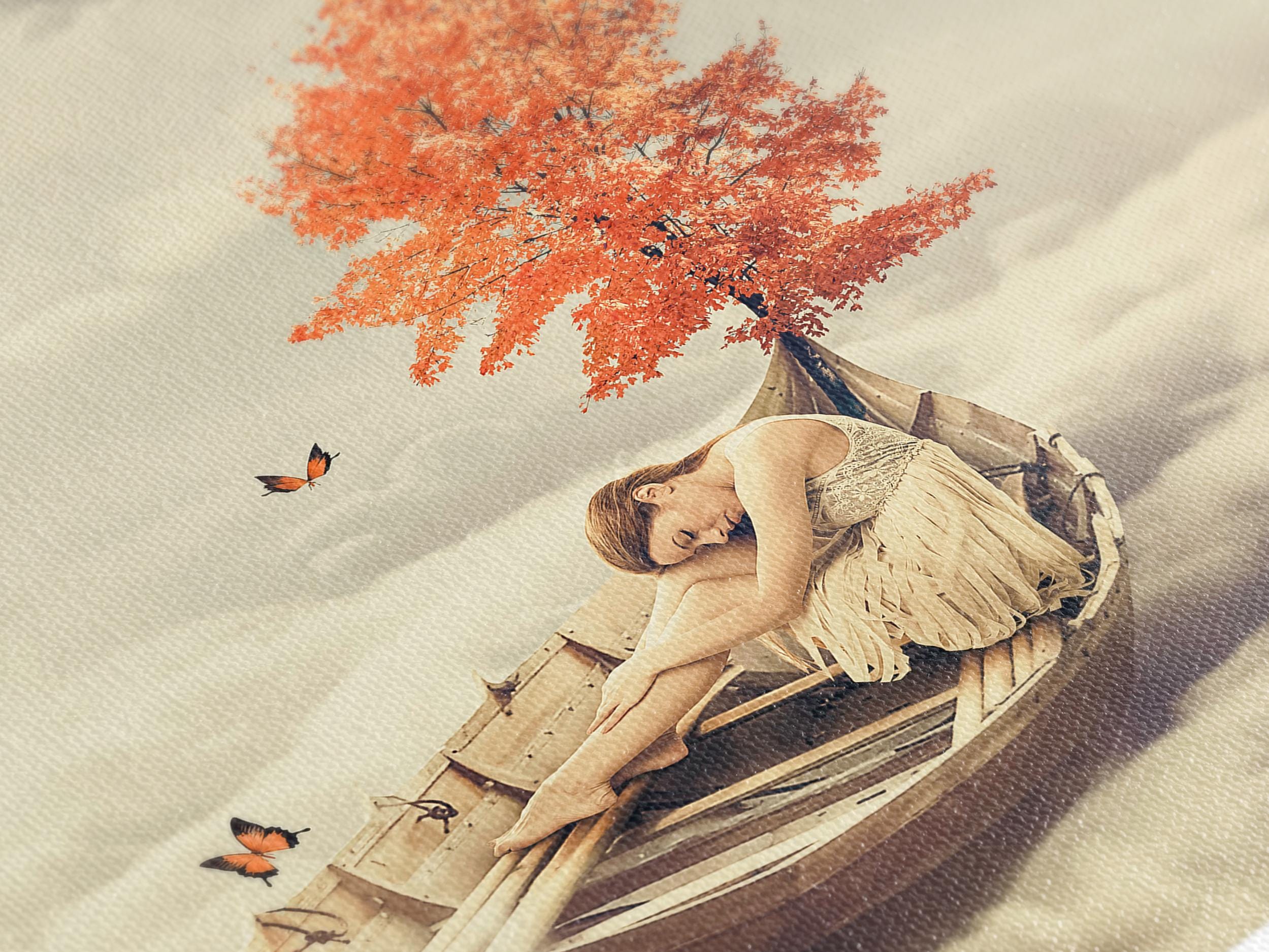 Surreal Boat & Tree Canvas Art - Fantasy Wall Print with Dreamy Clouds, Butterflies and Resting Woman for Bedroom or Living Room Wall Decor