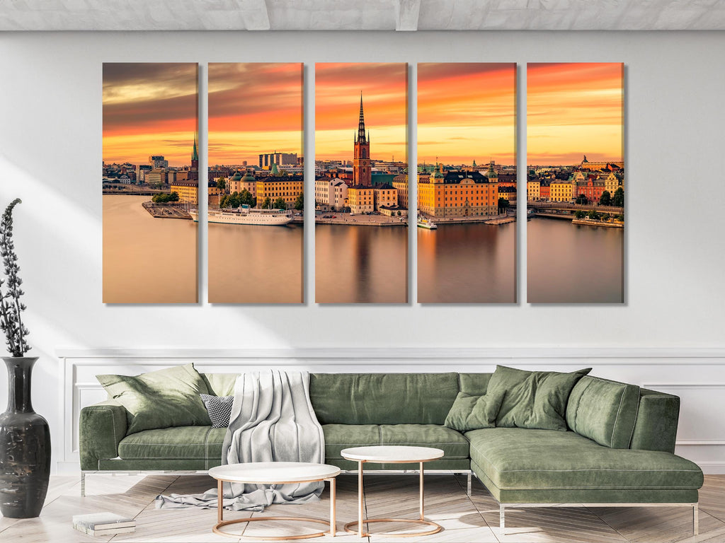 Gamla Stan Canvas Print, Stockholm Old Town Wall Art, Extra Large Sunset Cityscape Art, Swedish Office Decor, Historic Architecture Artwork