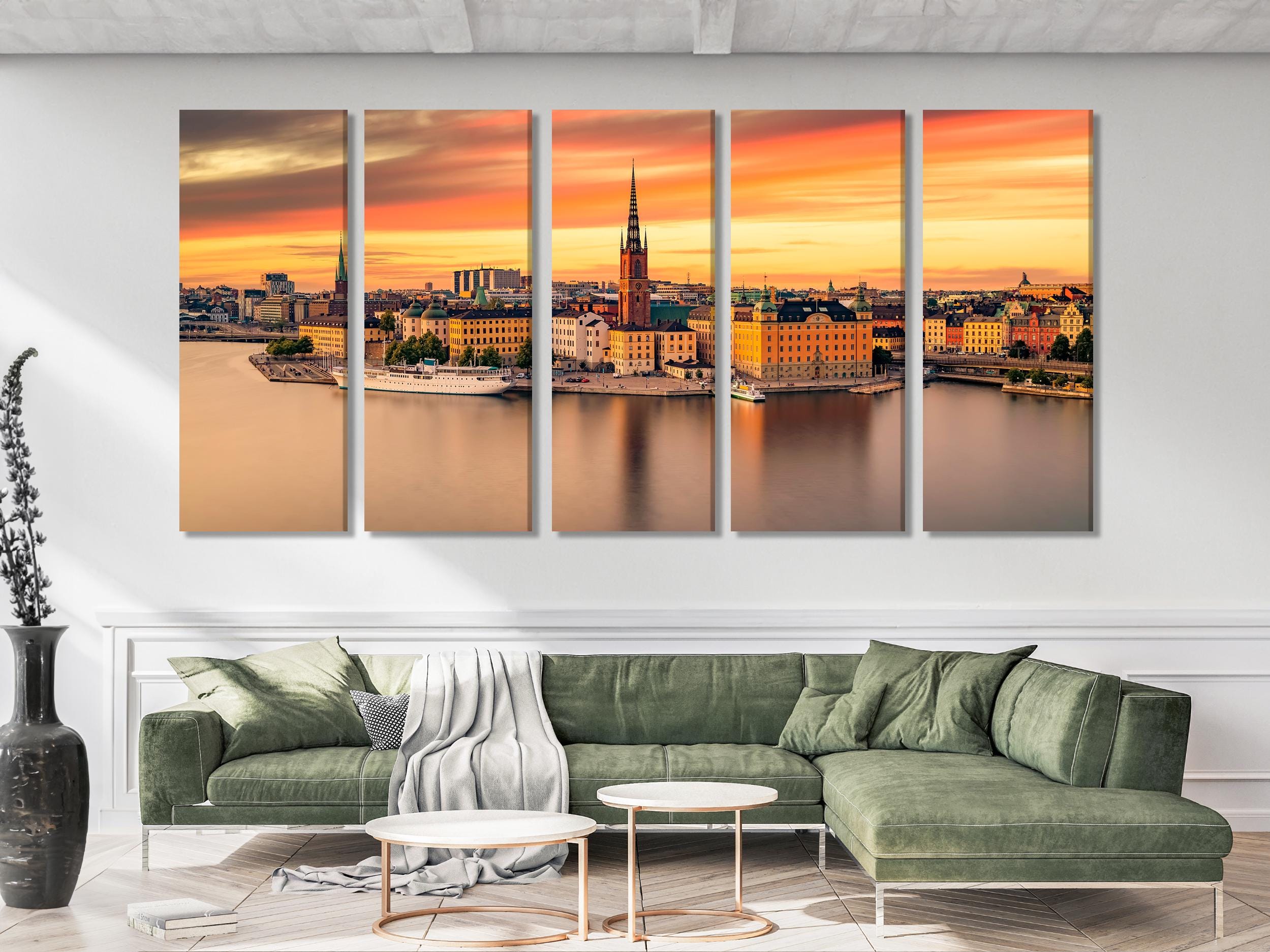 Gamla Stan Canvas Print, Stockholm Old Town Wall Art, Extra Large Sunset Cityscape Art, Swedish Office Decor, Historic Architecture Artwork