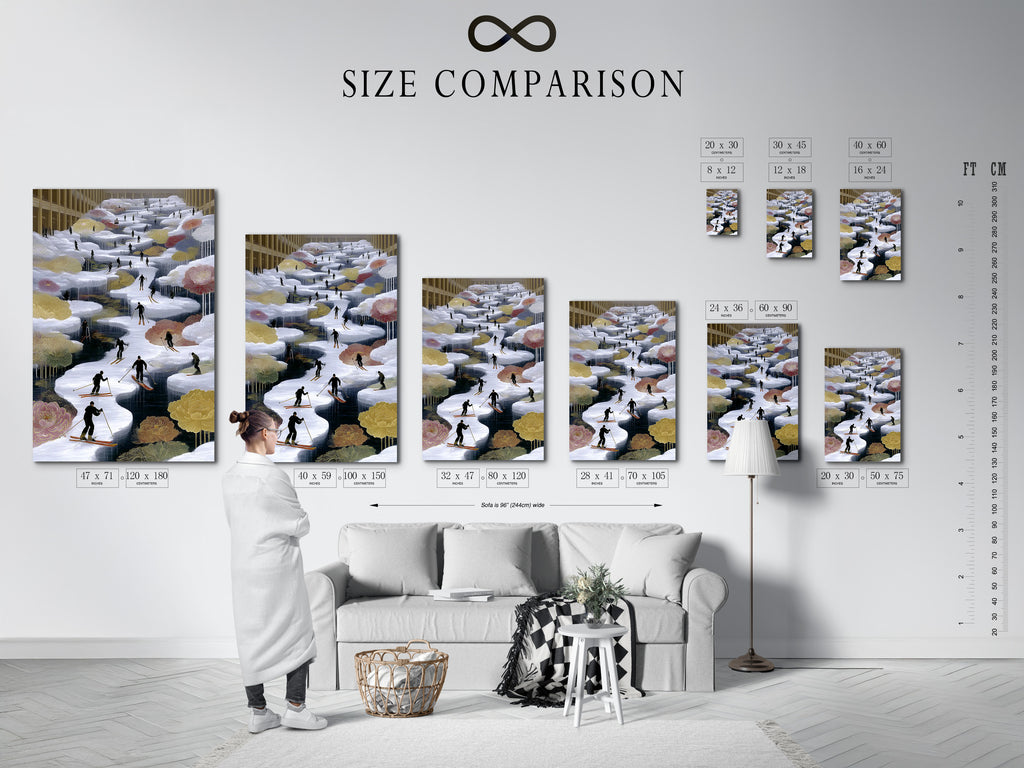 A size comparison chart in an interior setting. Visualize the perfect fit for your space. Choose the ideal size for your skiing wall art. The alpine canvas print will transform your room. Find the right scale for your cabin wall decor.