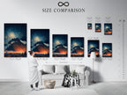 A size comparison chart featuring the Swirling Sky artwork in an interior setting. This chart helps you visualize the artwork's dimensions. See how the Van Gogh style cityscape fits in different spaces. Perfect for planning your wall decor. It is great for living rooms bedrooms and offices.