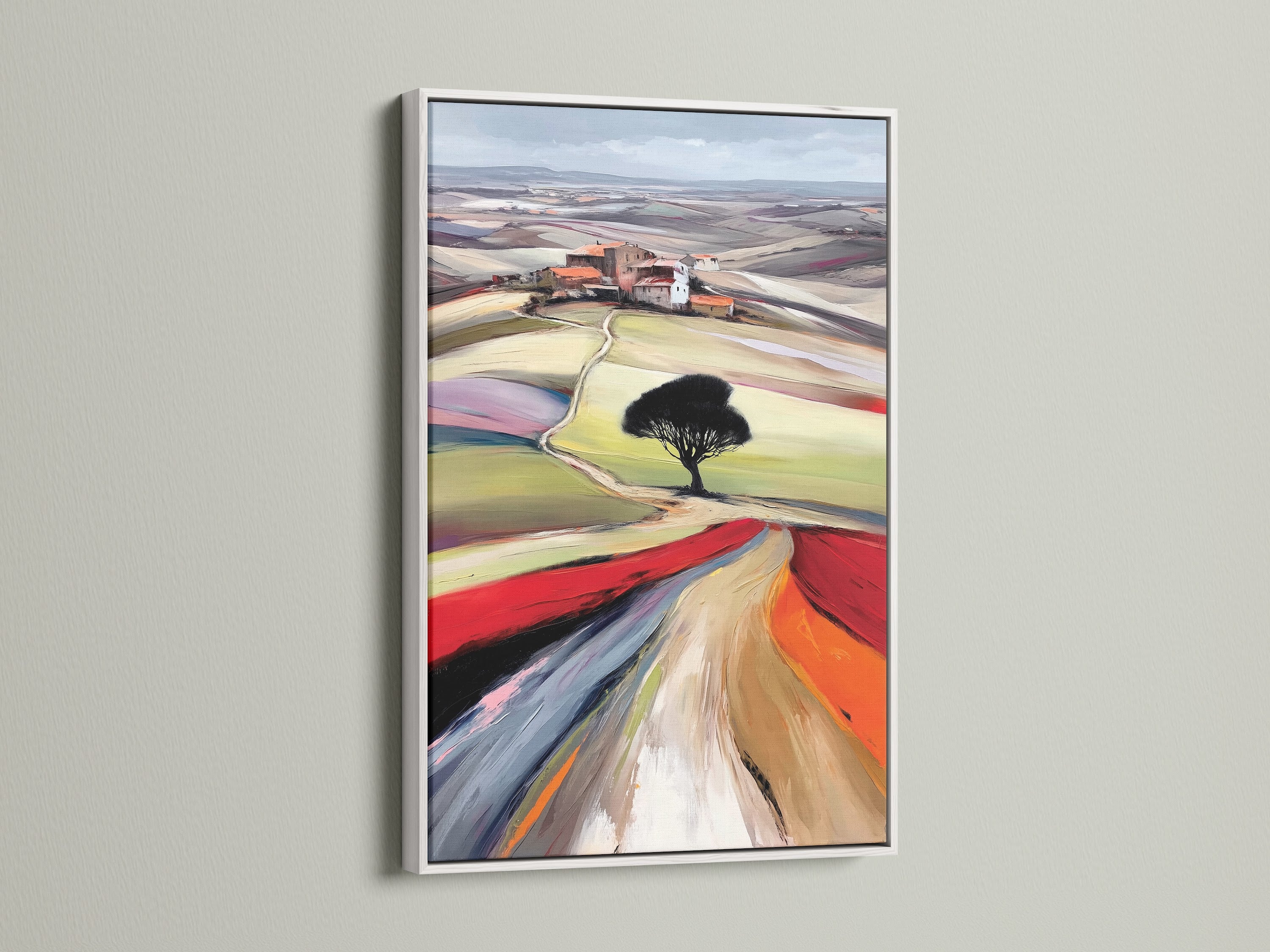 Tuscany Landscape artwork with a white frame. This Italian countryside decor is serene and stylish. The white frame highlights the colorful landscape. A beautiful piece of Tuscan wall art for any space. A timeless art piece.