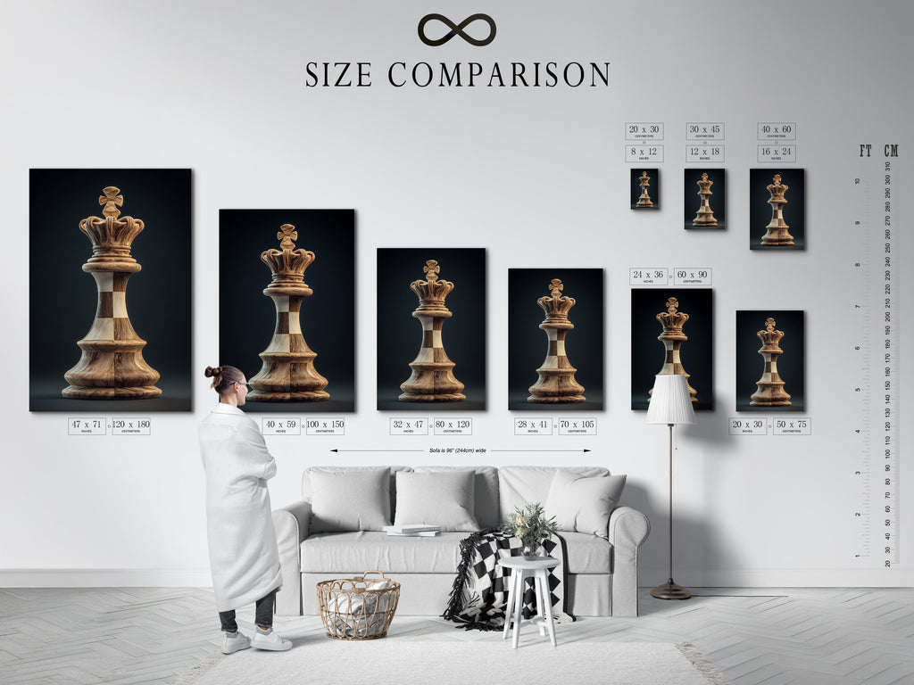 Size comparison chart in an interior setting. This helps visualize the artwork in your space. See how different sizes fit your wall. Perfect for planning your home gallery. Choose the ideal size for your art.