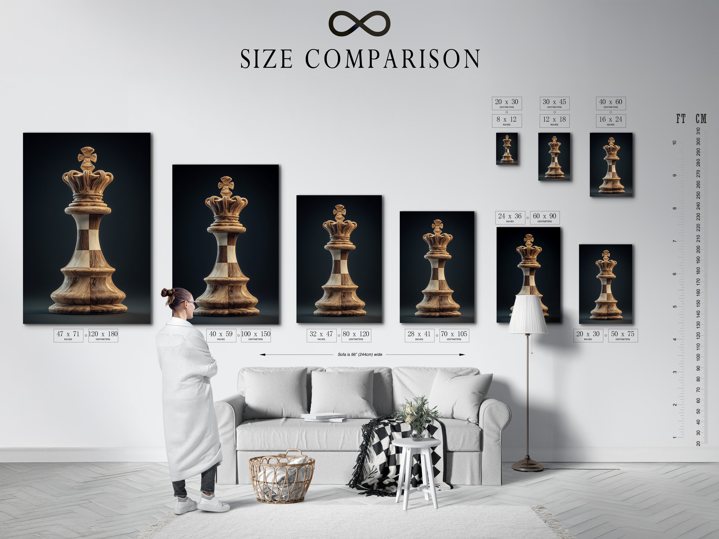 Size comparison chart in an interior setting. This helps visualize the artwork in your space. See how different sizes fit your wall. Perfect for planning your home gallery. Choose the ideal size for your art.