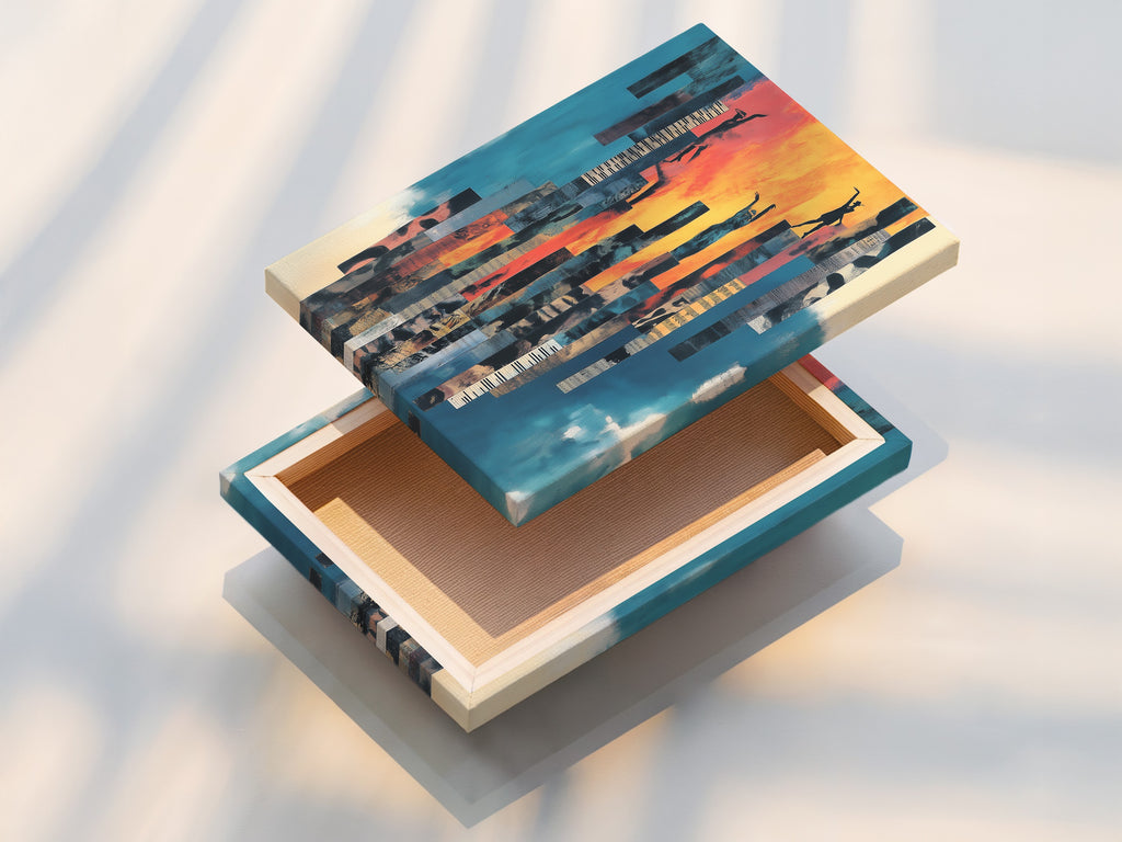 A stretched canvas print of abstract figure artwork. Teal blue and orange colors create a vibrant piece. Modern musical art perfect for home or studio decor. The stretched canvas provides a gallery ready look. Enhance your space with inspiring artwork. This canvas print brings life to any room. A stunning addition to your collection.