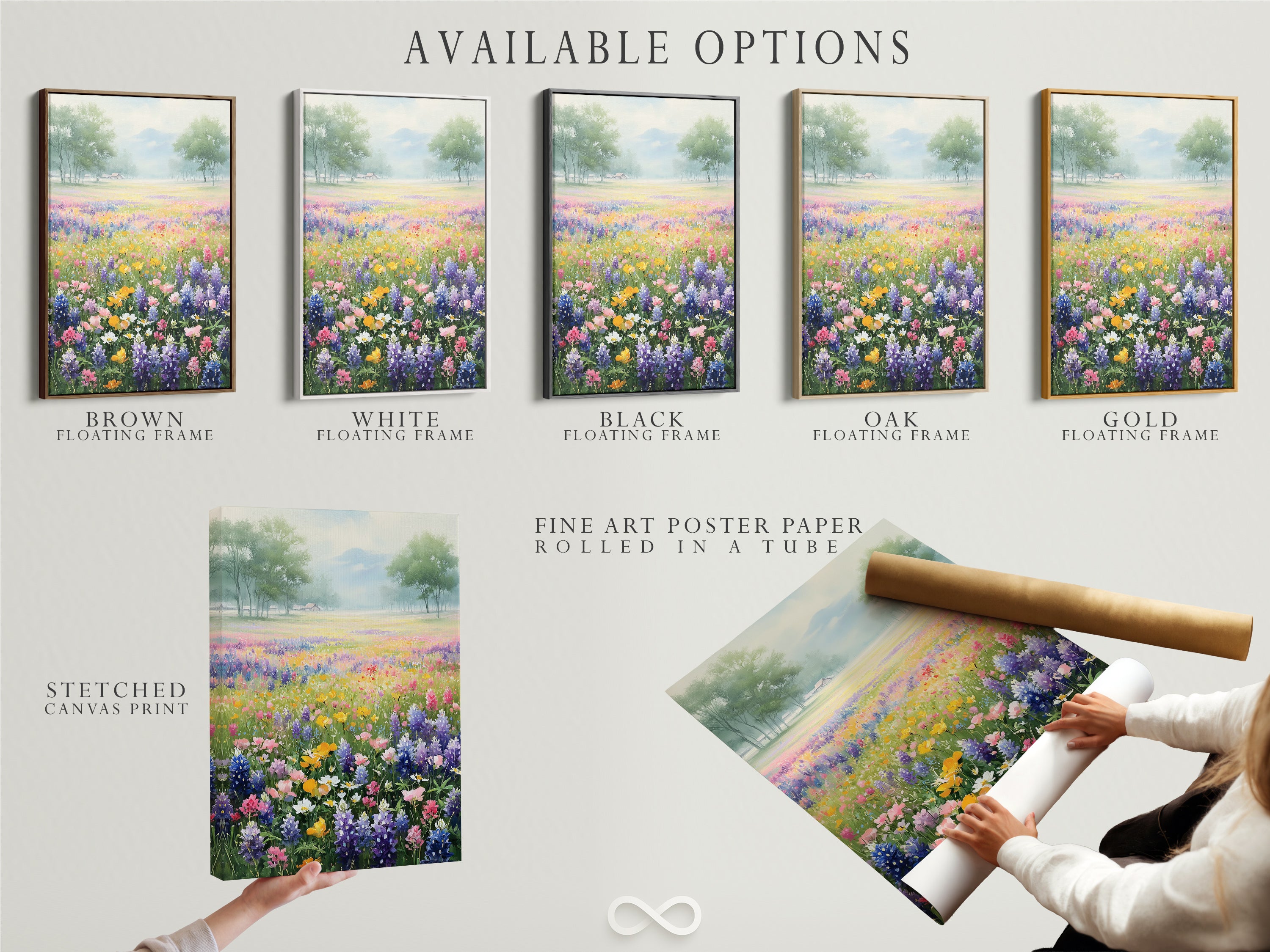 Explore available options for this wildflower field artwork. Choose from a stretched canvas print fine art poster paper or floating frame. Perfect for adding a touch of spring to your decor. Country & Farmhouse style.