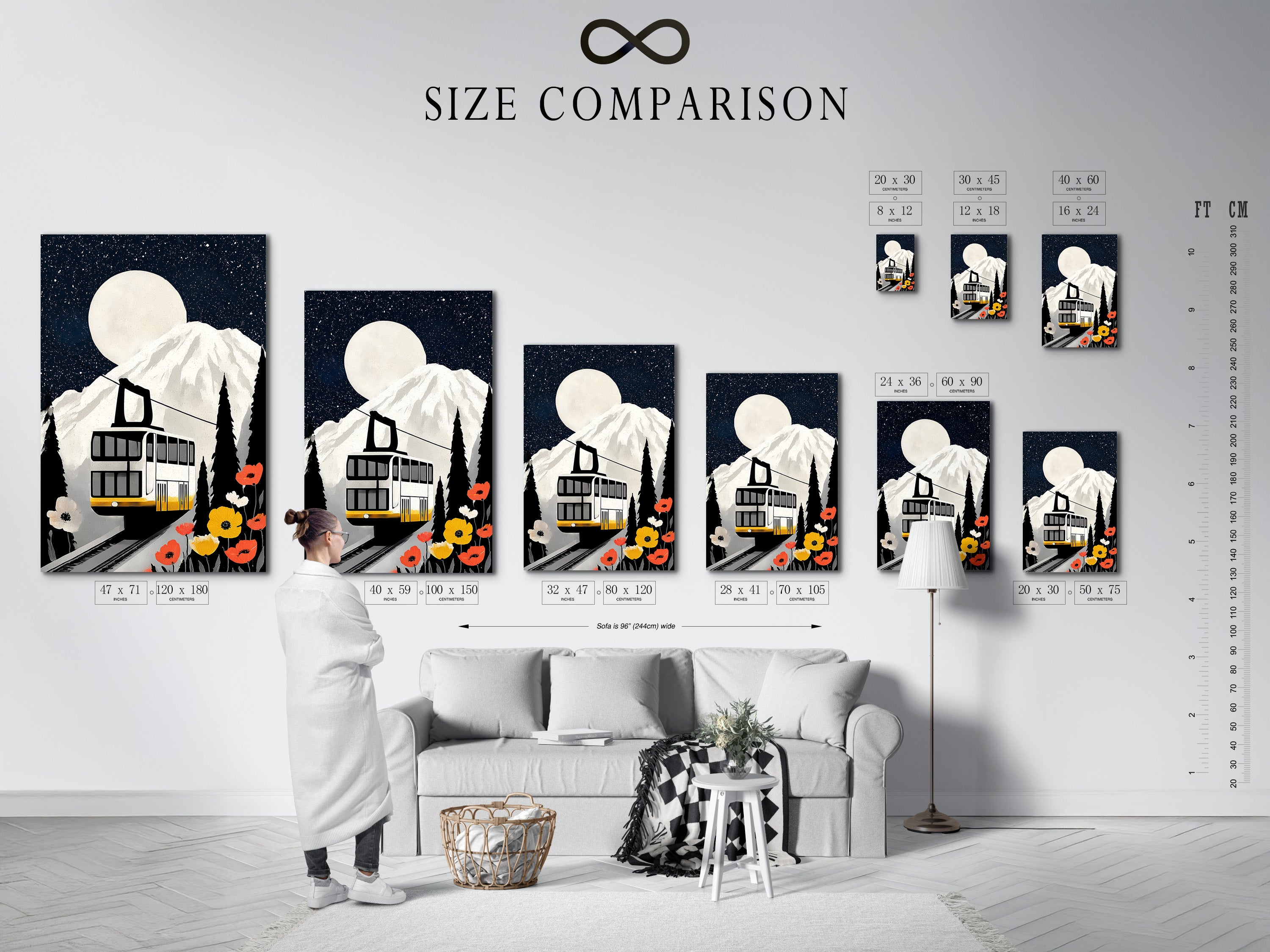 A size comparison chart is displayed in an interior setting. The Mountain Railway art print is available in various sizes. Choose the perfect vintage cable car canvas wall art for your space. Alpine adventure decor suits any room.