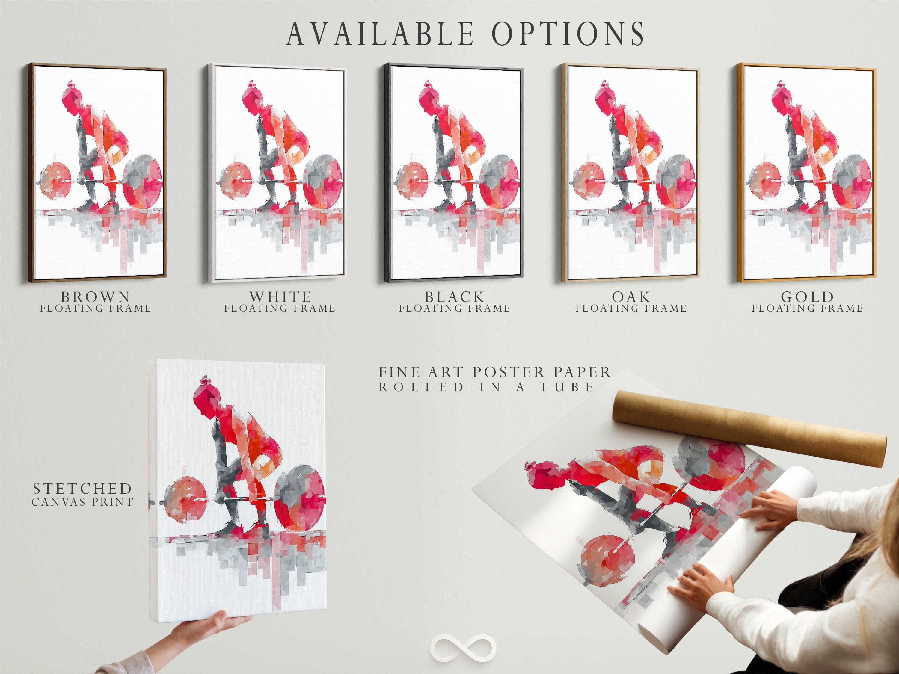 Available options for the geometric fitness artwork. Choose from a stretched canvas print fine art poster paper or floating frame. The red abstract gym poster customizes your workout space.