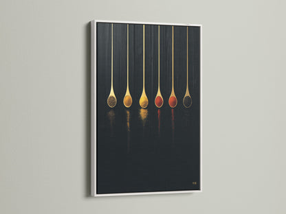 Spice Spoons canvas print with a white frame. This modern wall art is perfect for kitchen decor. The culinary art poster enhances any dining area. It makes a thoughtful chef gift. A stylish food art print for a cafe. Add minimal elegance to your kitchen with this artwork.