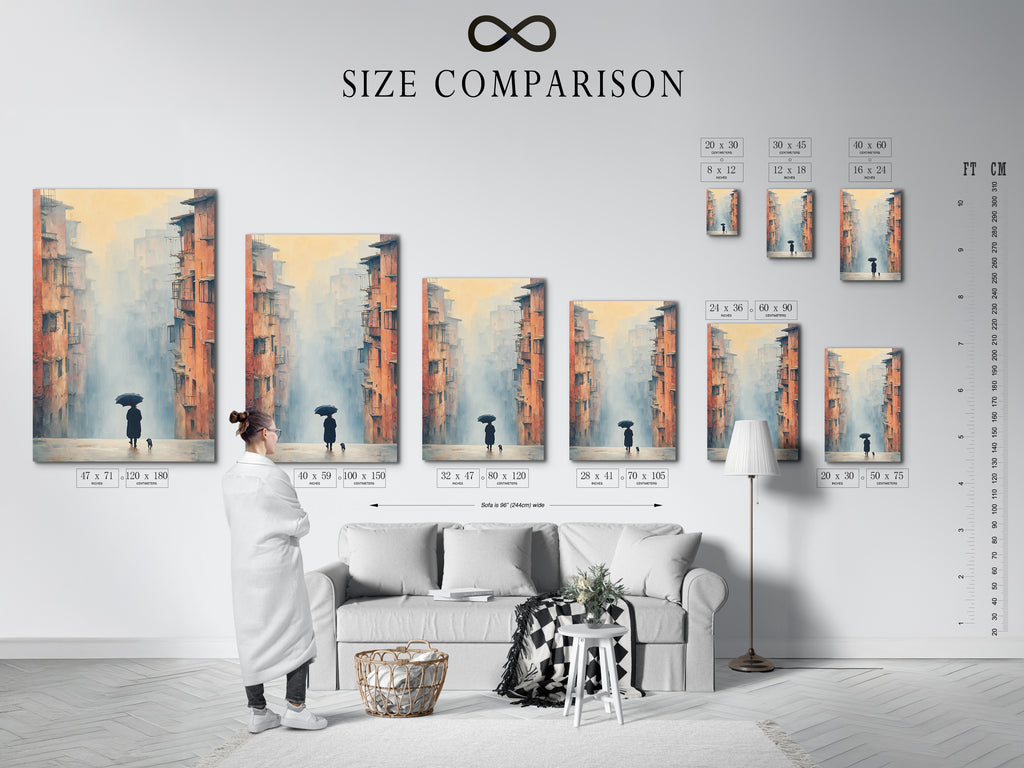 Size comparison chart displayed in an interior setting. See how our stretched canvas prints fine art poster papers and floating frames fit your space. Perfect for visualizing hallway artwork and cityscape decor options.