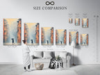 Size comparison chart displayed in an interior setting. See how our stretched canvas prints fine art poster papers and floating frames fit your space. Perfect for visualizing hallway artwork and cityscape decor options.