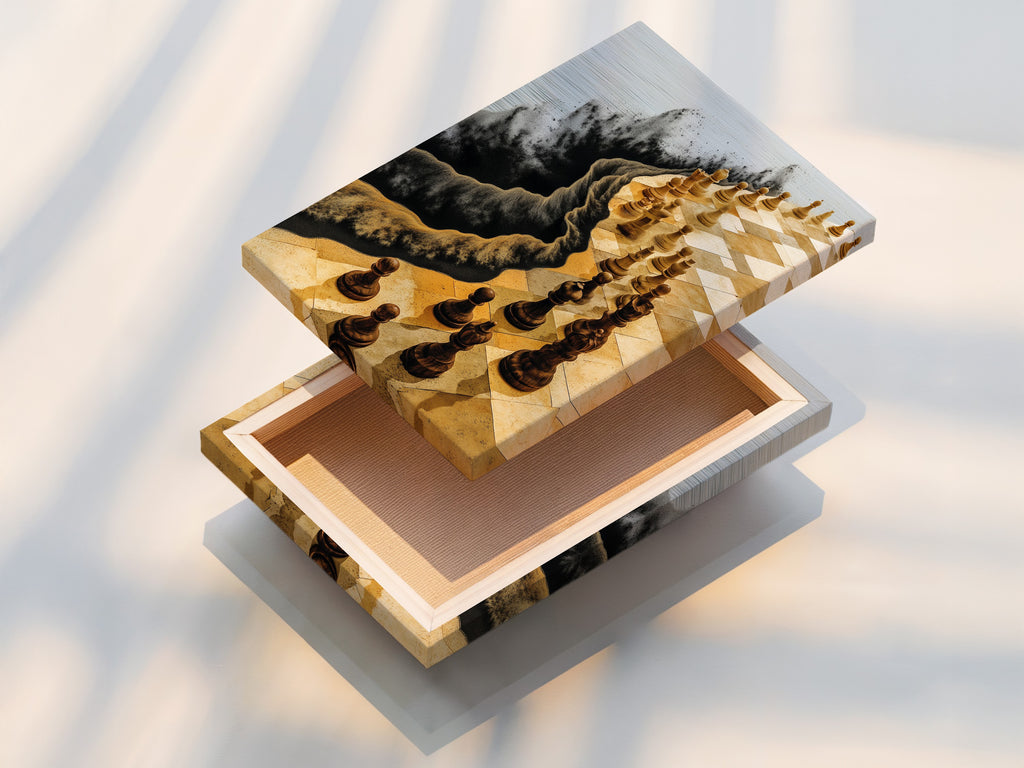 This stretched canvas print showcases the chess board artwork in stunning detail. The modern artwork is ready to hang and transform your space. Ideal for living rooms offices or game rooms this piece adds sophistication