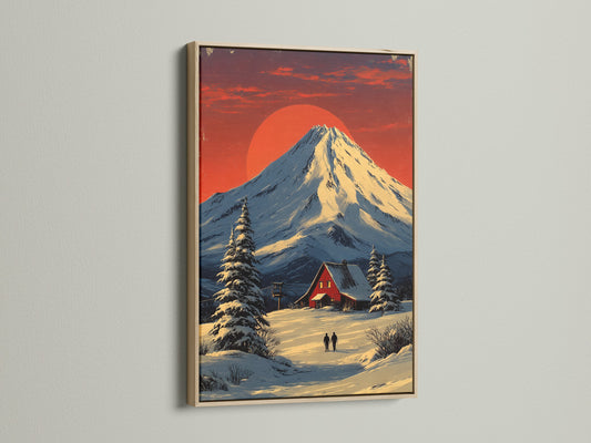 Winter mountain landscape artwork with a snowy cabin wall art is displayed in an oak frame. Perfect rustic home decor. The primary color is red and secondary color is white.
