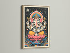 Ganesha Art in an oak frame. The Hindu wall art is a spiritual accent for any room. This bohemian artwork is perfect for meditation and yoga. The elephant deity artwork brings a unique touch. Add spiritual decor to your space.