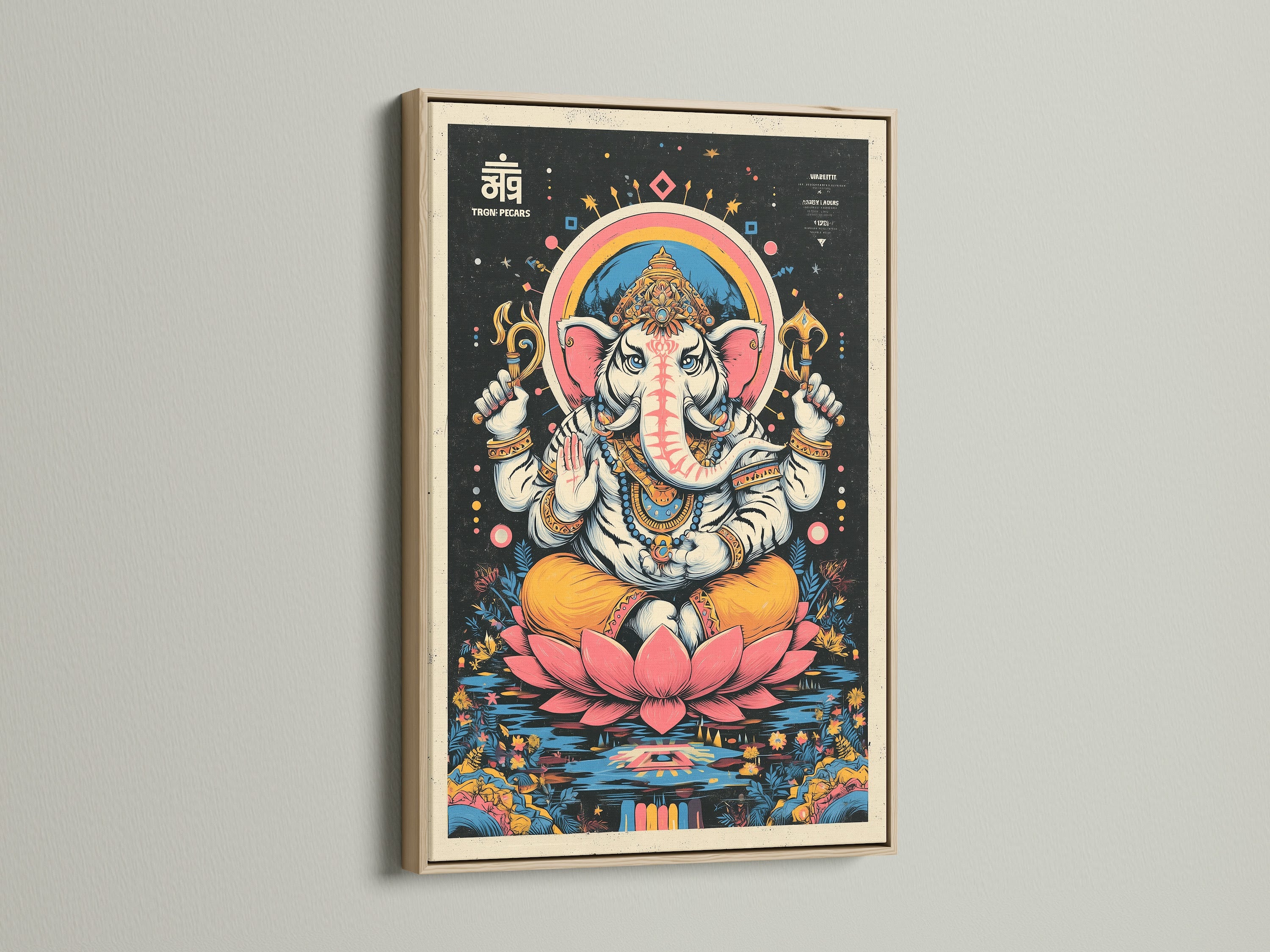 Ganesha Art in an oak frame. The Hindu wall art is a spiritual accent for any room. This bohemian artwork is perfect for meditation and yoga. The elephant deity artwork brings a unique touch. Add spiritual decor to your space.