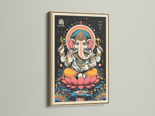 Ganesha Art in an oak frame. The Hindu wall art is a spiritual accent for any room. This bohemian artwork is perfect for meditation and yoga. The elephant deity artwork brings a unique touch. Add spiritual decor to your space.