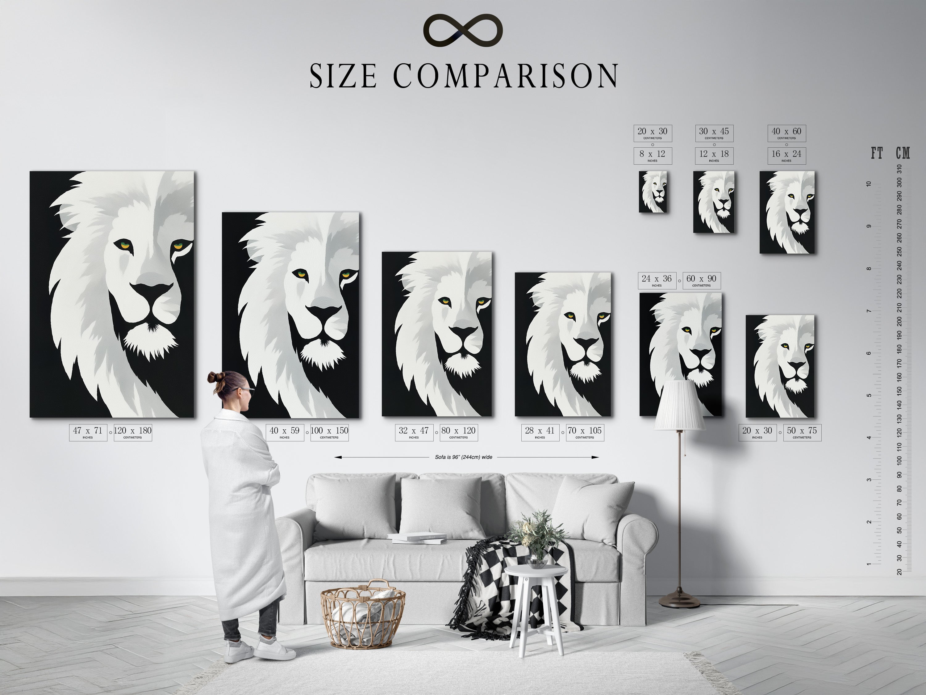 This is a size comparison chart in an interior setting. It helps visualize artwork dimensions. This chart ensures you choose the perfect size. You can make informed decisions for your space. Find the ideal fit for your art with our size guide.
