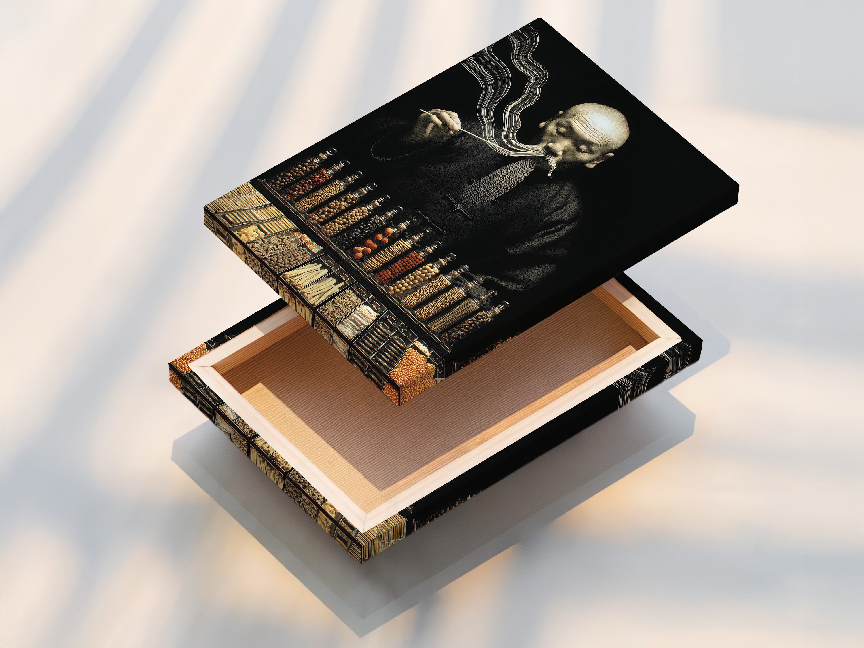 This is a stretched canvas print of apothecary Asian artwork. The stretched canvas provides a gallery-ready look. This artwork is ready to hang and enjoy. Perfect for adding a touch of vintage charm to any room. The canvas print enhances the texture and colors of the artwork. This herbalist decor is a unique addition.