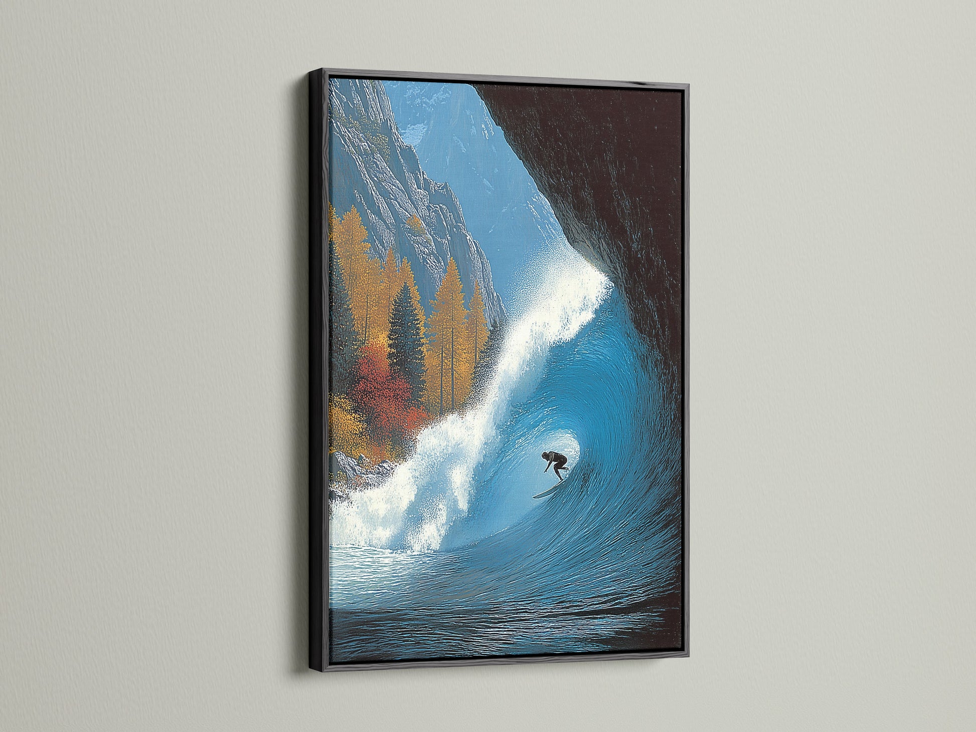Black frame accentuating the surfing wave canvas print. The dark frame makes the ocean artwork pop. This wave print is a striking piece of coastal wall art. Ideal for a modern beach house. A surfer gift that stands out. The black frame adds a contemporary touch.