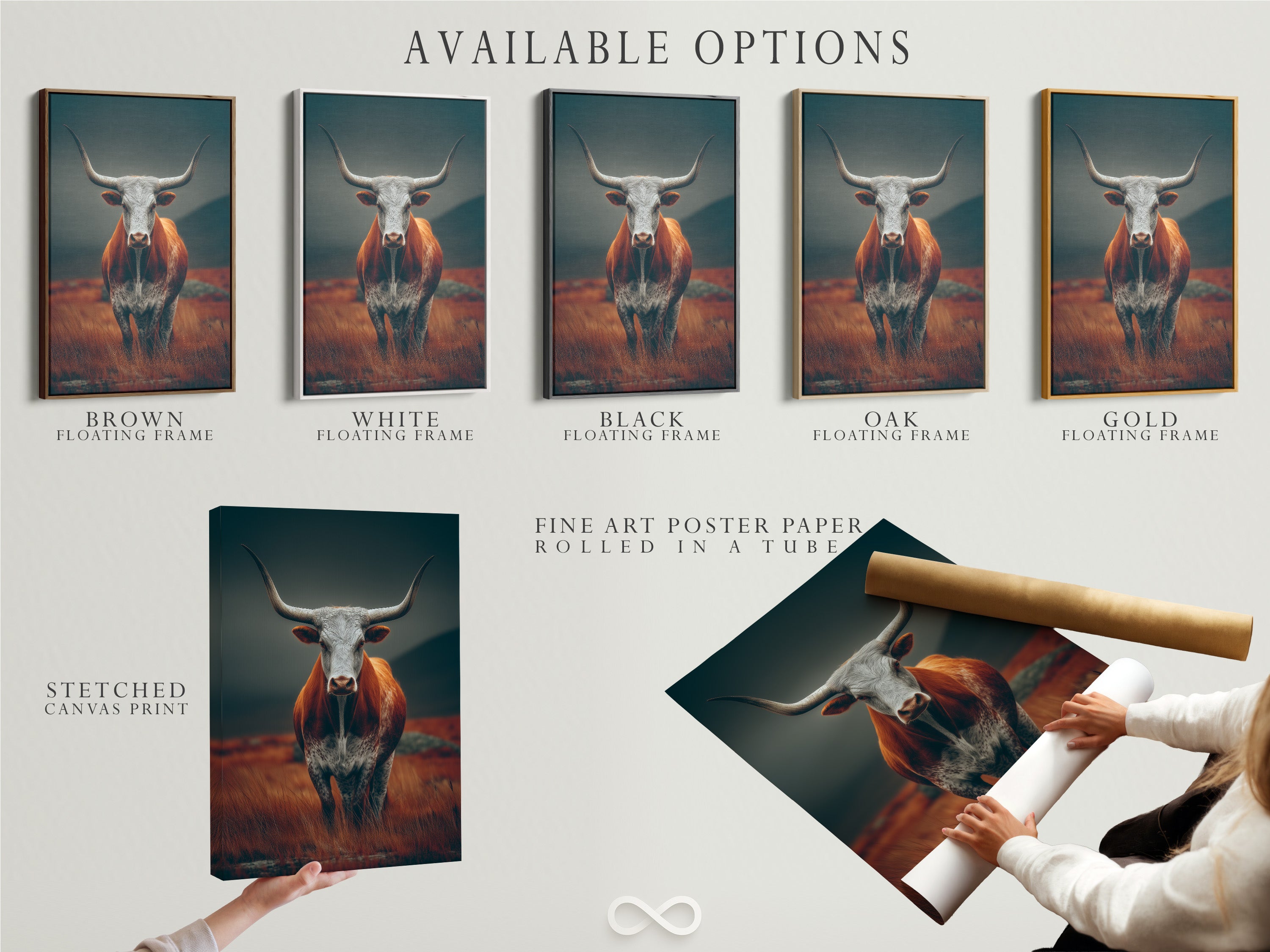 Explore the available options for this Highland Bull artwork. Choose from stretched canvas print fine art poster paper or floating frame. Each option offers a unique way to display this rustic farm animal artwork. Select the perfect style to match your home decor