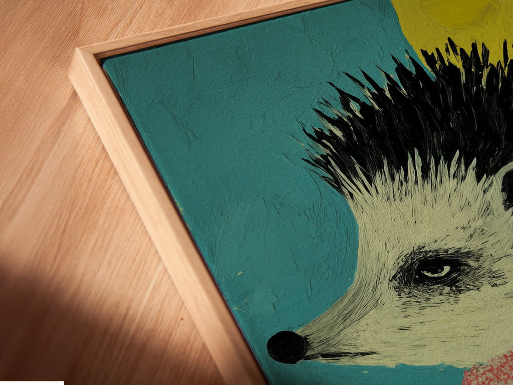 Close-up of a canvas print in a floating frame. The hedgehog art is a whimsical animal canvas wall art. This colorful children's nursery decor is perfect for a playroom. The cute animal art adds a touch of contemporary style.