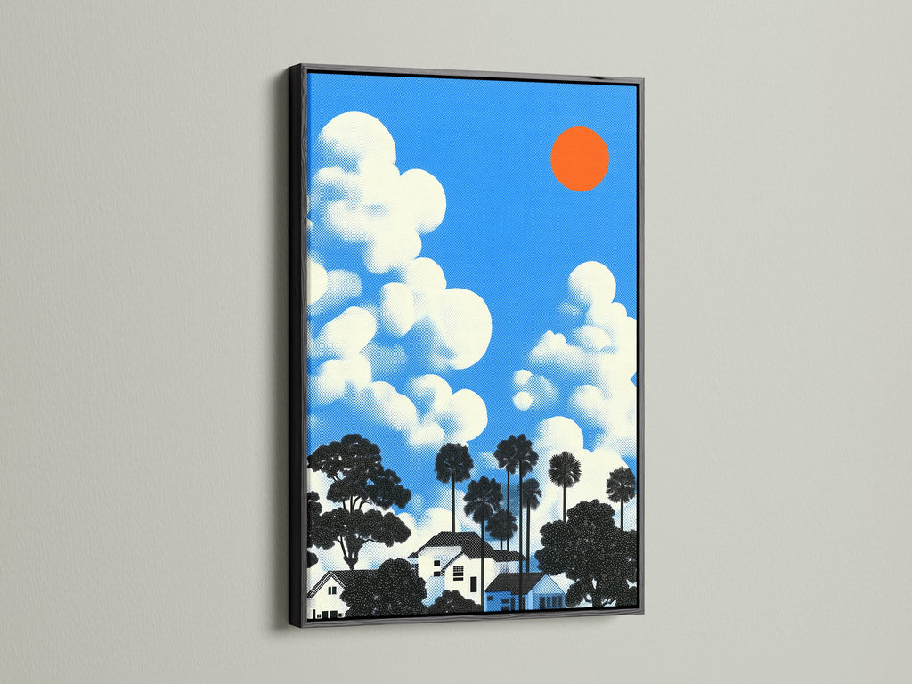 Here is the house and clouds artwork with a black frame. A black frame provides a bold striking contrast. This retro pop artwork is a perfect art lover gift and a quirky wall art choice.