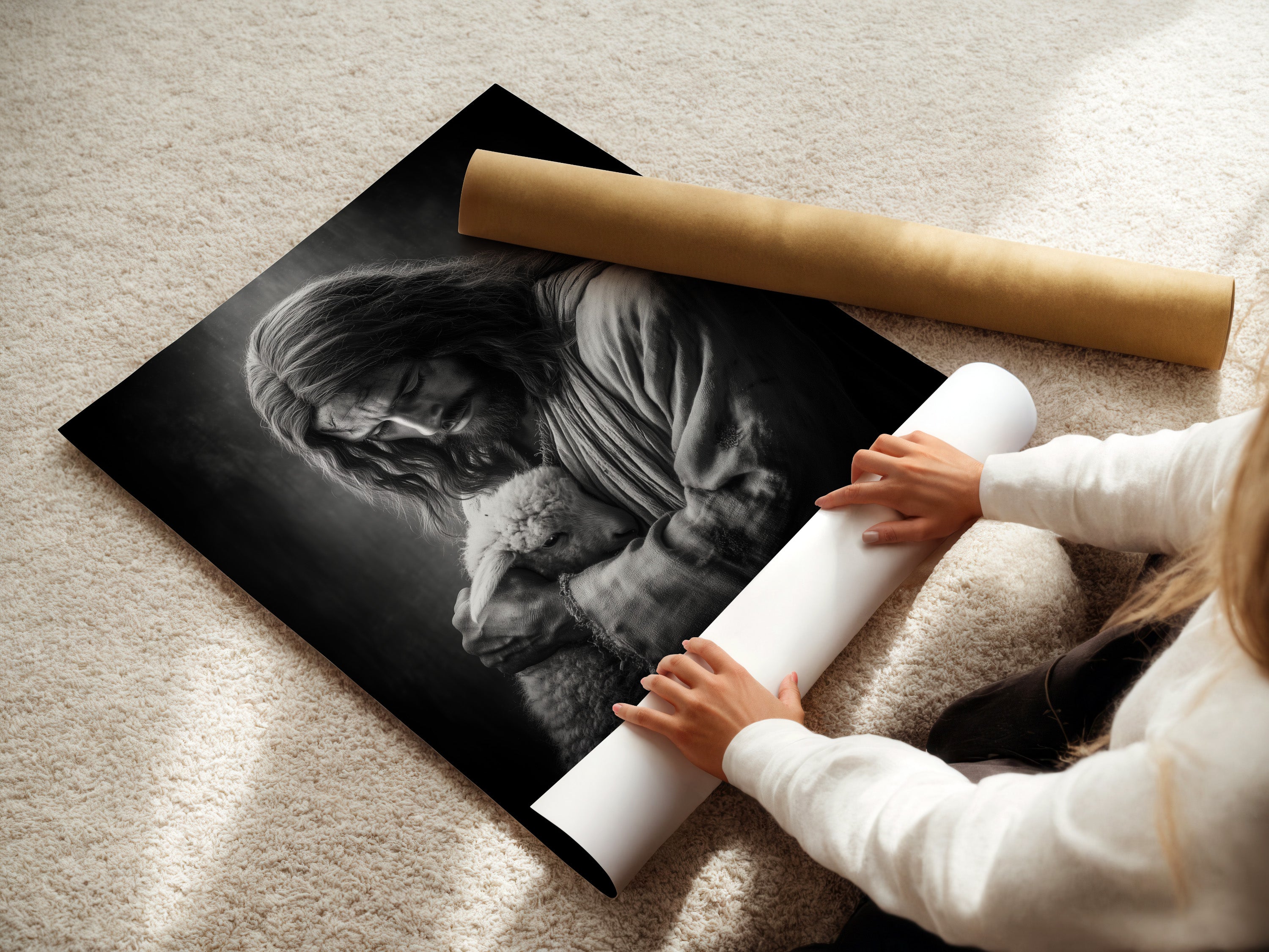 A woman is carefully rolling a fine art poster paper. The fine art poster paper is of high quality. The paper ensures the artwork looks its best. The artwork will be protected during shipping. Ready to be framed and displayed.