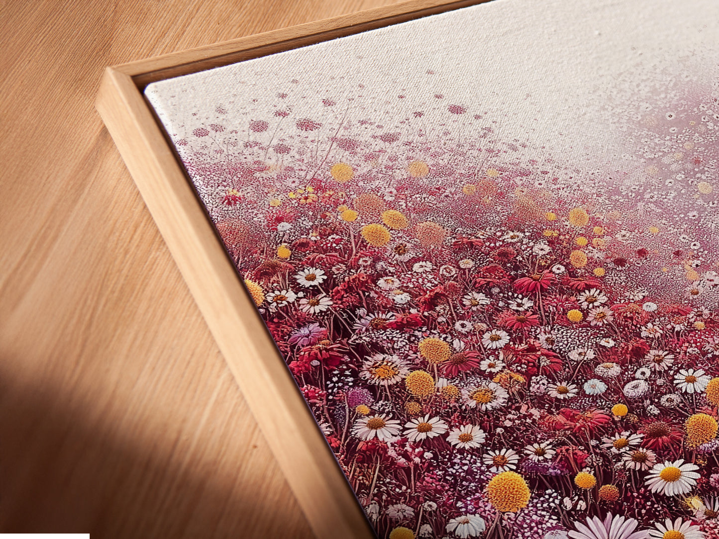 An angled close-up reveals the texture of a canvas print. The canvas print is set in a floating frame. The floral meadow artwork is vibrant with red and white wildflowers. This creates a stunning visual effect. Perfect for adding depth to your art collection.