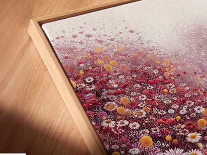 An angled close-up reveals the texture of a canvas print. The canvas print is set in a floating frame. The floral meadow artwork is vibrant with red and white wildflowers. This creates a stunning visual effect. Perfect for adding depth to your art collection.