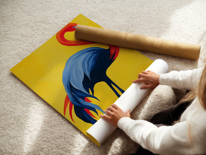 A woman is carefully rolling a fine art poster paper. The paper features the flamingo artwork. This ensures safe and pristine delivery. The red blue and yellow colors are vividly displayed. Ready to be framed and enjoyed.