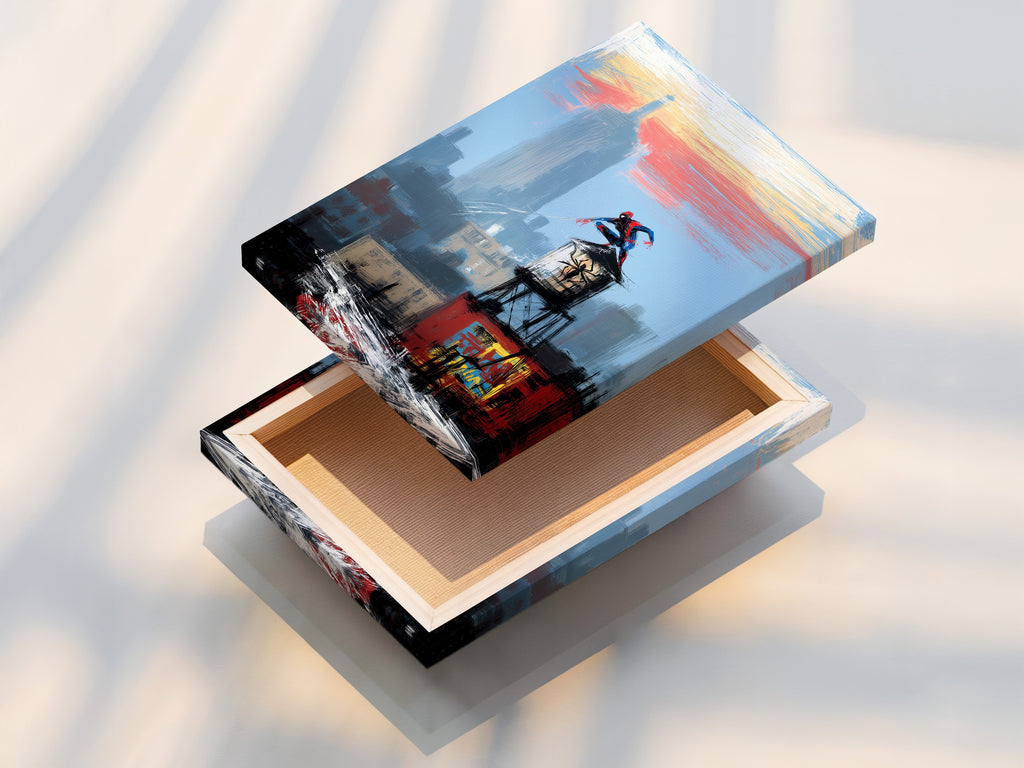 A stretched canvas print displays a vibrant NYC Cityscape with a superhero. The artwork is ready to hang bringing urban energy to any wall. Perfect for contemporary homes and modern offices.