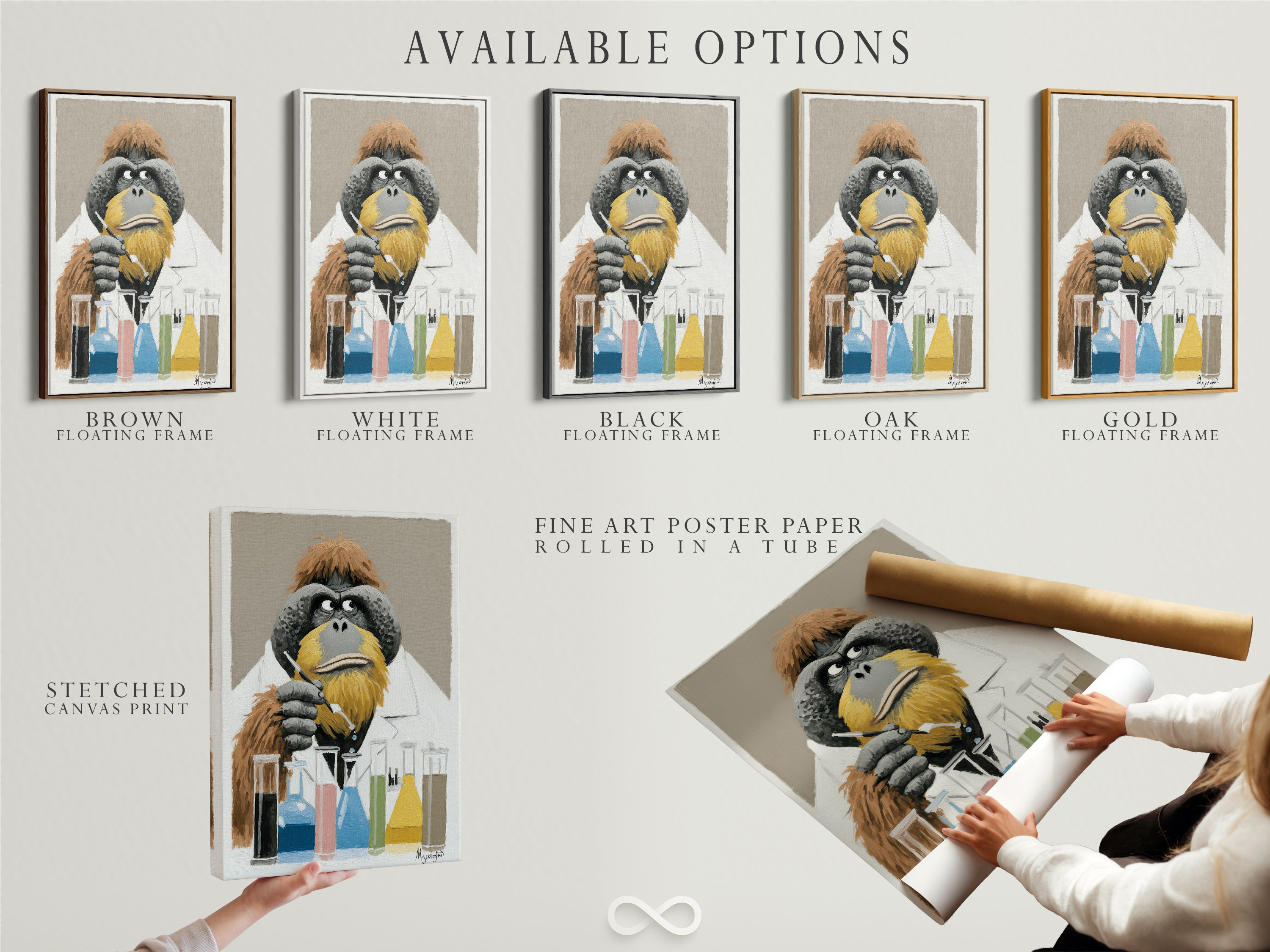 Explore the available options for the Orangutan Scientist artwork. Choose between a stretched canvas print a fine art poster paper or a floating frame. Each option offers a unique way to display this quirky monkey science art in your space. Personalize your decor today.
